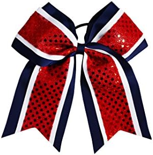 Sequin Cheer Team Bow School Color Girls Hair Bow with Elastic Tie (Red/White/Navy)