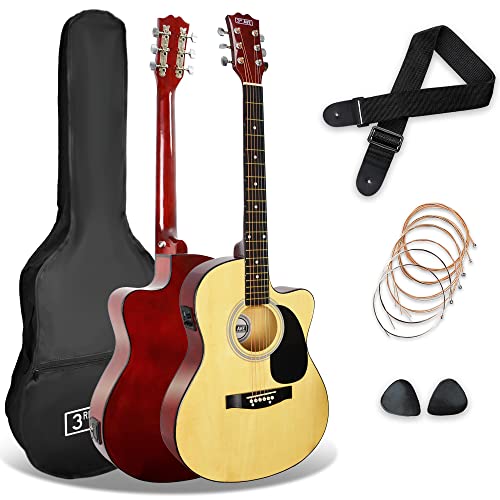 3rd Avenue Full Size 4/4 Cutaway Electro Acoustic Guitar Pack Bundle for Beginners with 6 Months FREE Lessons, Built-in Tuner and EQ - Natural