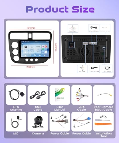 4Core 4G+128G Android 15 Radio de coche para Honda Civic 2001-2005, Rimoody Car Stereo Inalámbrico Carplay Andorid Auto Mirror Link 9'' HD visualización táctil GPS WiFi Bluetooth 5.0 FM/RDS EQ-32 SWC