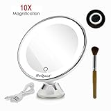 Lighted Vanity Makeup Mirror, BEQOOL 10X Magnification Travel Cosmetic Mirror Touch Activated Dimmable LED Suction Bathroom Mirror Daylight Color Illuminated 360 Degrees Rotation and Battery Operated