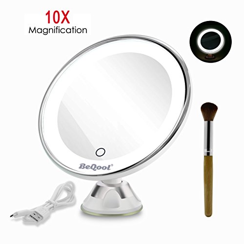 UPC 602773980130, Lighted Vanity Makeup Mirror, BEQOOL 10X Magnification Travel Cosmetic Mirror Touch Activated Dimmable LED Suction Bathroom Mirror Daylight Color Illuminated 360 Degrees Rotation and Battery Operated