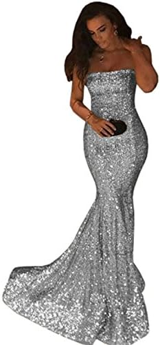 Dressylady Shinny Strapless Long Mermaid Prom Bridesmaid Dress Sequins Evening Gowns Silver 4