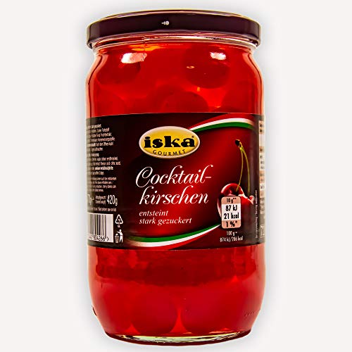 Food-United Cocktail-Kirschen rot entsteint ohne Stiel 1 Glas Füllmenge 770g ATG 420g aromatisch süß Belegkirsche eingelegte Cocktail-Cherries Dekoration knackig Garnitur für Cocktails