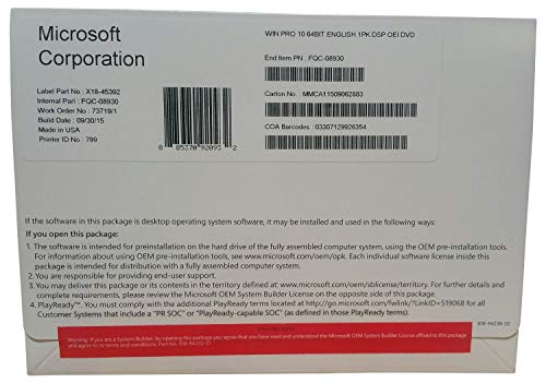 Windows 10 Professional OEM 64 Bit DVD English Language Full Product