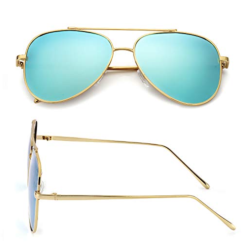 SODQW Aviator Sunglasses Womens Polarized Mirrored Flat Lens Fashion Large Metal Frame - UV 400 Protection (gold/ice blue Lens(mirror))
