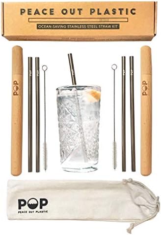 Stainless Steel Metal Drinking Straw Brush Gift Set With Wooden Case | Includes 4 Metal Straws + 2 Wooden Travel Carrying Cases + 2 Cleaning Brushes + Pouch | Eco-friendly Portable Reusable Straws
