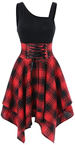 Plaid Mini Dress For Women Tartan Irregular Retro Hem Skirt Dress