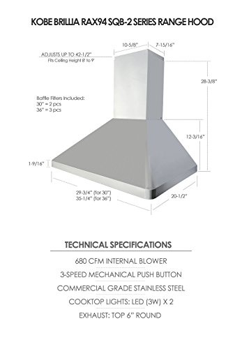 KOBE RAX9430SQB-2 Brillia 30-inch Wall Mount Range Hood, 3-Speed, 680 CFM, Fits Ceiling Height 8'-9' - Thumbnail 3