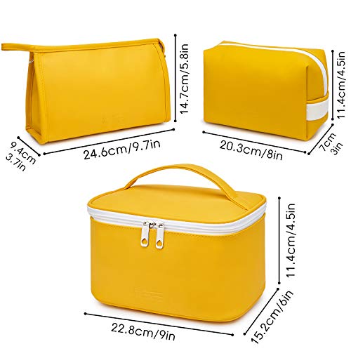 WANDF 3 Pieces Makeup Bag PU Leather Toiletry Bag Portable Cosmetic Pouch Water-resist Travel Organizer for Women (Yellow) 2 WANDF 3 Pieces Makeup Bag PU Leather Toiletry Bag Portable Cosmetic Pouch Water-resist Travel Organizer for Women (Yellow)