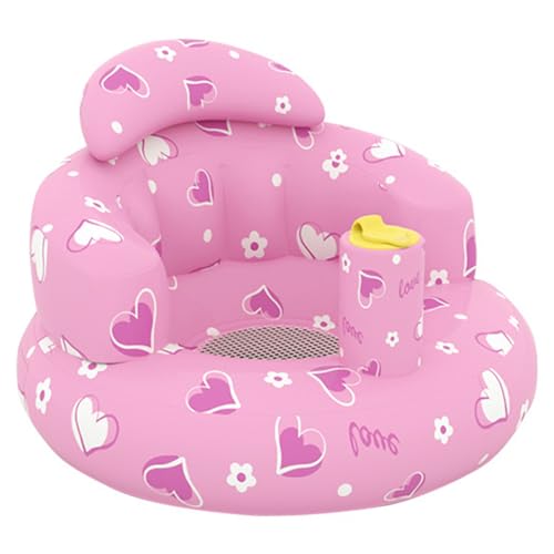 Inflatable Baby Seat, Hearts Printed Inflatable Baby Chair with Built in Air Pump, Blow Up Babies Floor Seats for Sitting Up (Pink)