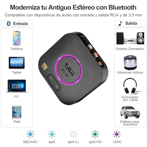 1Mii B06S+ LDAC Receptor Bluetooth 5.2 HiFi, Adaptador Audio Bluetooth con Aptx Baja Latencia & HD, Salida RCA/AUX 3,5 mm Jack, Control Volumen, 100ft Receptor de Largo Alcance para Estéreo Doméstico
