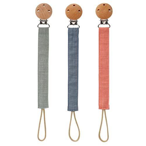 Socub 3 Pack Pacifier Clips for Baby Boys and Girls, Fabric Pacifier Hold with Clip for Binky, Teether Toys, BPA Free, Baby Shower Birthday Gift, 3 Month+(Sage/Ether/Muted)