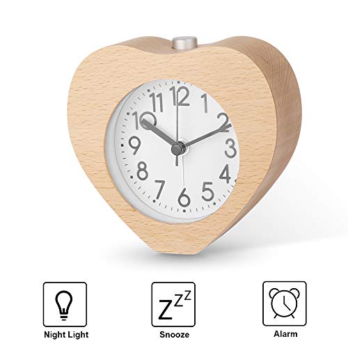 Night Light Alarm Clock, Silent Alarm Clock with Snooze & Gentle Wake, Battery Operated Wooden Heart Clock Decorative for Bedroom, Den, Office - Burlywood, 4 Inch