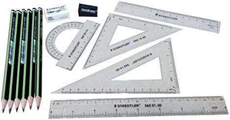 Basic Mathematics Set, Protractor, 2 Set Squares, 8 in Ruler, 6 in Flexible Plastic Ruler, 6 Pencils, Sharpener, Eraser, Total 13 Piece Bundle