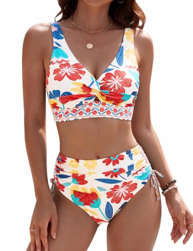 WINEGO Women's High Waisted Bikini Sets Two Piece Twist Ftont Cutout Swimsuit Tummy Control Drawstring Bathing Suit(Multicolor,X-Large) at Amazon