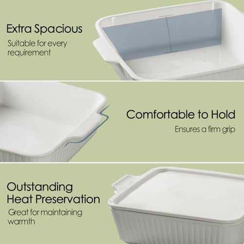 Dizada Casserole Dish for Oven with Lid, 10'' Square Baking Dish, 2-in-1 Ceramic Baking Dish, Baking Pan with Handles, Lasagna Pan Bakeware Oven Safe Baking Dish for Oven, Cake, Kitchen, Microwave, Dishwasher Safe, White