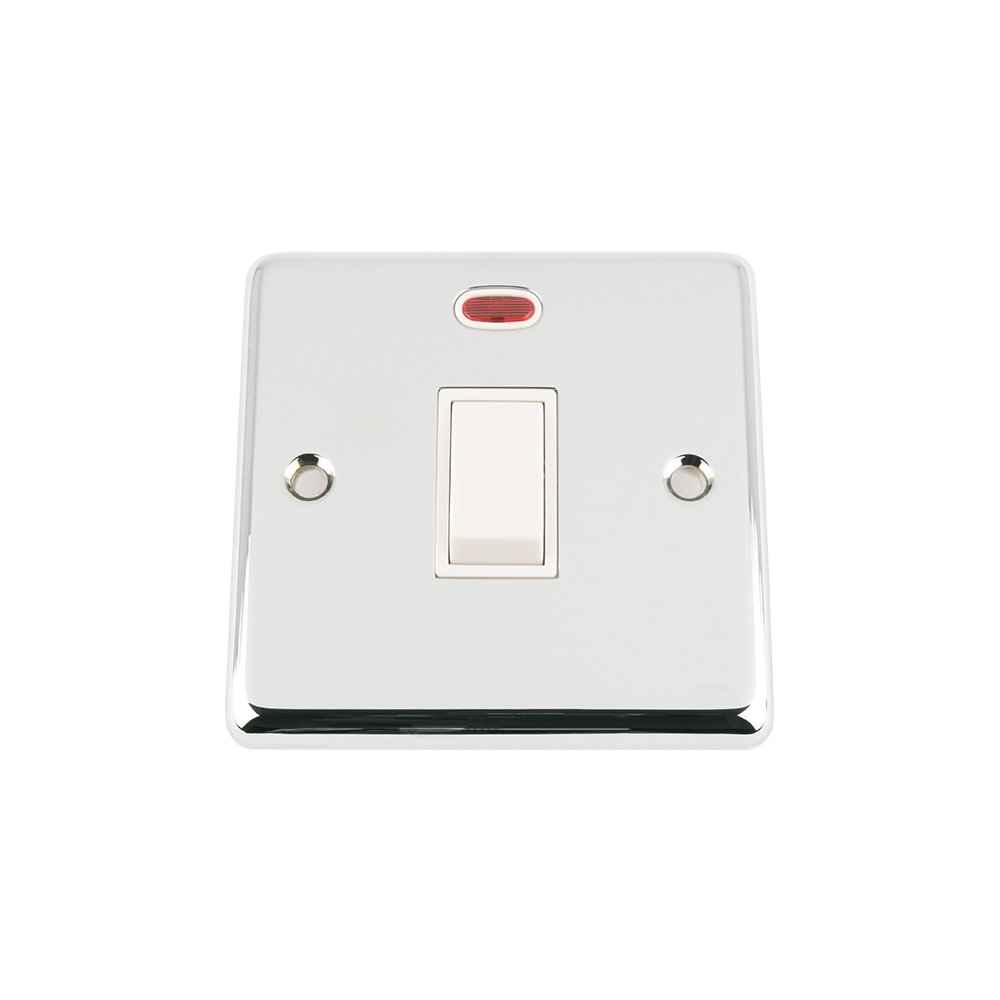 20 A Double Pole Classic Chrome Polished White Insert Plastic Rocker Switch with Neon Indicator