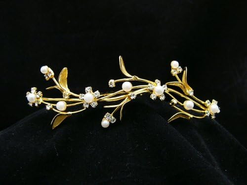Rhinestone Crystal Pearl Flower Tiara Bridal Wedding Hair Comb - Gold Plated Clear Crystals T261