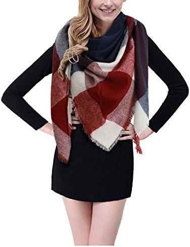 BEINY Soft Cozy Plaid Scarf Gorgeous Triangle Blanket Scarf Wrap Shawl for Women (Dark Blue/Burgundy)