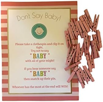 Don't Say Baby! -The Baby Shower Clothespin Game for Guests to Wear Pink Girl with Mini Wooden Clothespins Party Favors For 30 Players (Pink- Girl)