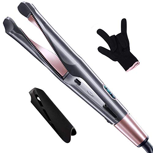 Hair Straightener Curling Iron 2 in 1, Professional Hair Straightener and Curler for All Hair Types, Tourmaline Ceramic Flat Iron with LCD Display, Rotating Adjustable Temperature and Auto Shut-Off
