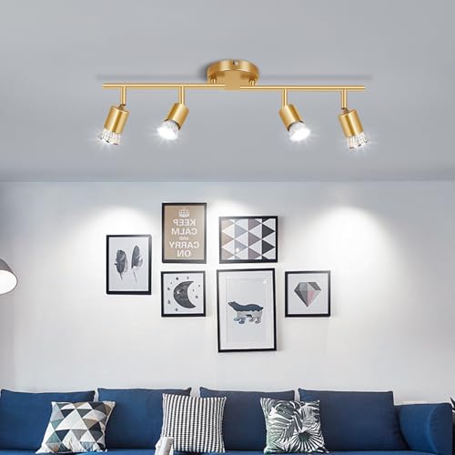 JSXing Kit de iluminación de riel, iluminación puntual de techo de 4 vías negra, cabezal de luz giratorio flexible, luz de riel (bombilla no incluida) (Dorado, 4 luz)