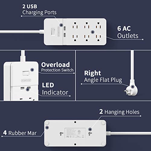 15ft Extension Cord Flat Plug Power Strip with USB Ports, NTONPOWER 6