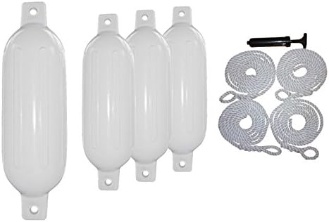 Marine and Rv Direct 4 Boat Fenders Vinyl Ribbed Bumper Dock Shield Protection, Includes Fender Lines & Pump to Inflate (6.5" X 23", White Fender White Line)