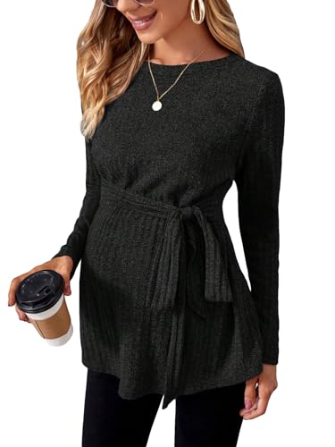 MAKEMECHIC WOMEN’S MATERNITY SHIRTS CASUAL LONG SLEEVE TIE FRONT RIBBED KNIT PREGNANCY TEE TOP A-BLACK M