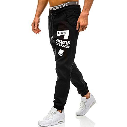 ZEFOTIM Pants for Men Sweatpants Slacks Casual Elastic Joggings Sport Print Baggy Pockets Trousers(Black,Large)