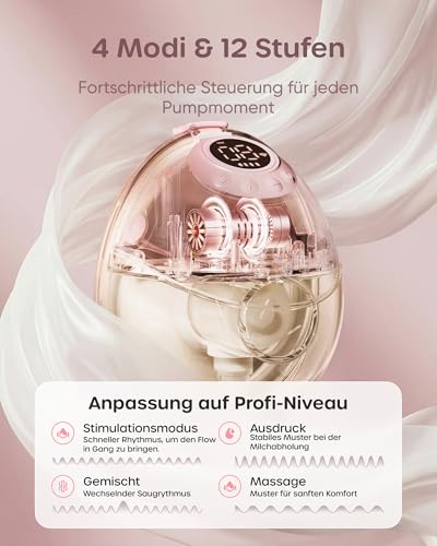 Nuliie JoyFlow Pro Portable Hands Free Breast Pump with Night Light & BPA-Free PPSU Collector, Electric Breast Pump with 4 Modes & 12 Levels, 24mm Nipple, 17/19/21mm Inserts, Pink (Pack of 2)