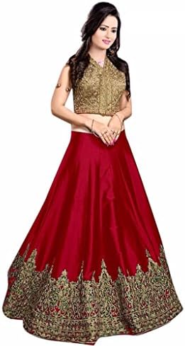 Ekdin Embroidery SEMI STITCHED Lehenga Choli Lehenga:Banglori Silk Got Blouse Dark Red Free Size