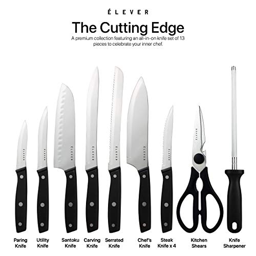 Elever Knife Set - Kitchen Knife Set with Block, 13 Kitchen Knives with Knife Sharpener, Chef Knife, Kitchen Scissors, Steak Knives. Modern Knives Kitchen Set, House Kitchen Decor, Cutlery Set Gift