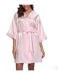 VOGTORY Women's Pure Color Robes Short Kimono Bathrobes Silky Sleepwear with Side Pockets