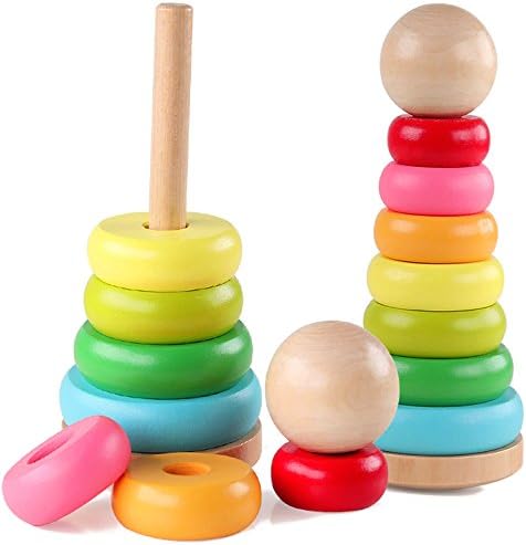 Jacootoys Rainbow Stacking Ring Sorting Wooden Blocks Educational Stacker Toys for Baby, Toddler