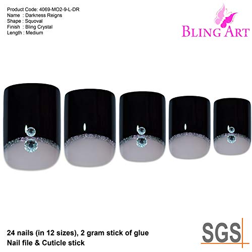 False Nails by Bling Art Black Glitter French Manicure Fake Medium Tips with Glue