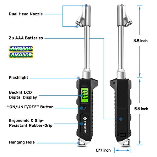 Etekcity Digital Tire Pressure Gauge 230 PSI Heavy Duty Dual Head Air Chuck for RV,Truck Car, 4 Setting with Backlit LCD and Flashlight, 2-Year Warranty