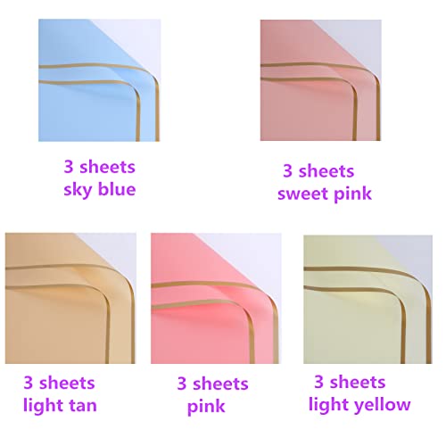 Joojus Double Sided Gold Edge Waterproof Flower Floral Wrapping Paper Gift Packaging Florist Bouquet Wraps DIY Crafts for Wedding, 15 Sheets 22.8X 22.8 inch 5 Colors
