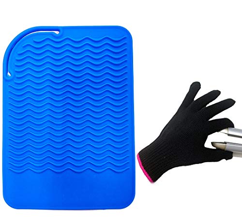 Heat Resistant Mat Pad and Heat Resistant Glove for Curling Irons, Hair Straightener, Flat Irons and Hair Styling Tools 9″ x 6.5″, Food Grade Silicone, Blue by Lessmon
