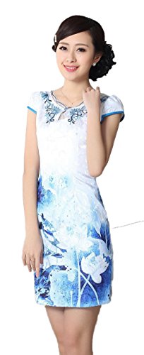 AvaCostume Women's Double Layer Collar Blue and White Jacquard Dress Qipao