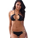 MUMUBREAL Women's Sexy Black High Neck Tankini Swimsuits Padded Bikini With Chain Decorative