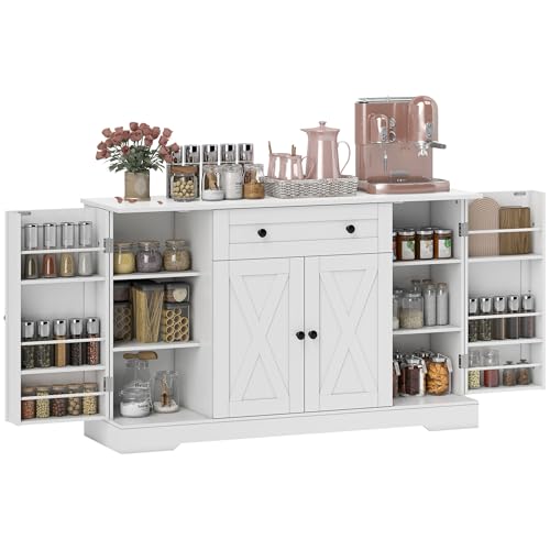 HOMCOM Farmhouse Sideboard Buffet Cabinet with Storage, 54" Coffee Bar Cabinet with 6 Door Shelves, Drawer, Adjustable Shelves and 4 Barn Doors, White