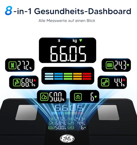 GE Digital Body Fat Scales with Large Display, Smart Scales with Body Fat and Muscle Mass with App 14 Body Measurements BMI Bluetooth Personal Scales up to 180 kg / 400 lb