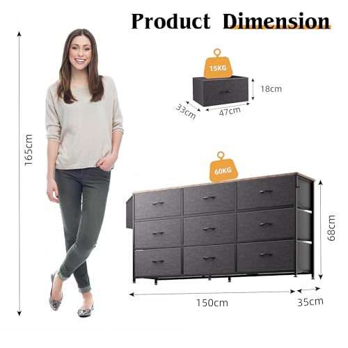 PURFINO Fabric Chest of Drawers - Large TV Stand for 43-65 Inch with 9 Drawers, Label Cards, Side Pocket and Hook, Dresser for Living Room, Hallway, Bedroom