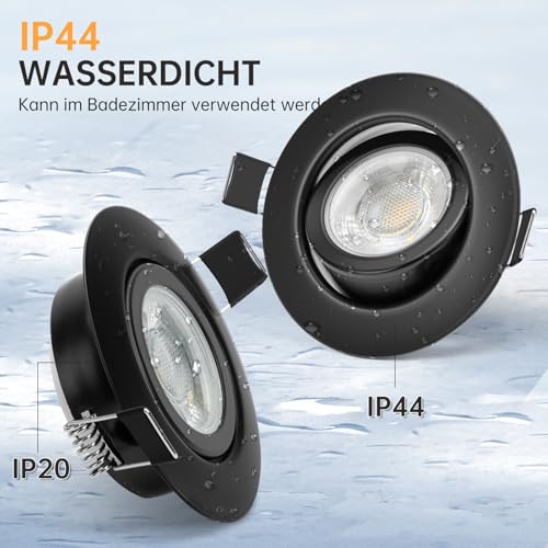 wowatt 10 LED Recessed Spotlights, 230 V, 3 Levels, Dimmable, 7 W LED Spotlights, Black, Flat, IP44 Recessed Lights, 700 lm, Replaces 70 W Halogen Recessed Spotlights, Warm White, 2800 K, Ceiling