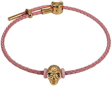 CHOMAY Pink Leather Bracelet for Young Women Girls Skull Wristband Compatitable with Pandora Beads