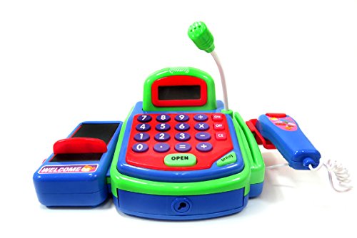 COTTONTAIL Multifunctional Electronic Cash Register Toy Pretend Play with Microphone Conveyor Belt Scanner and Calculator (Blue / Green)