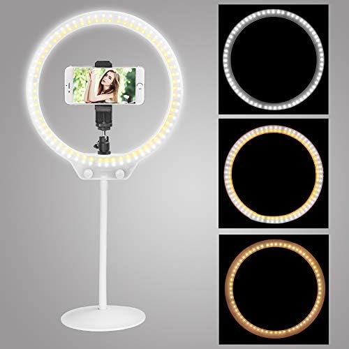 Photo Studio LED Ring Light, Zomei 10 Inch Stepless Dimming Desktop 7.5W 5500K Ring Light with Mini Ball Head, Phone Adapter for Youtube Video, Vine Self-Portrait Video Shooting and Makeup-White