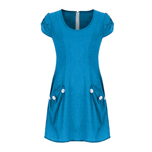 Duseedik Women's Dresses with Pocket Summer Casual Solid Cap Sleeve Dresses Plus Szie Cotton Linen O-Neck Daily Dresses Blue