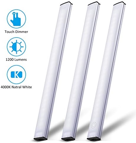 LED Under Cabinet Lighting Touch Control, Portable Dimmable Under Counter Light Strips for Kitchen Closet, Counter, Shelf, 3 pcs Light Bars Kit, 12W 1200 Lumen, Nature White 4000K